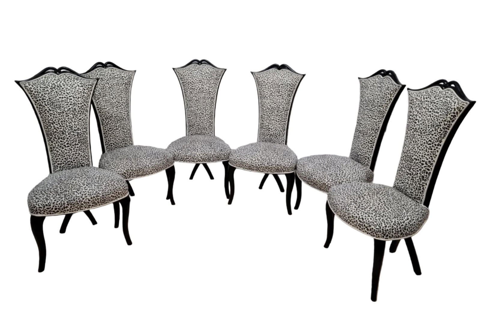 French Art Deco–Style Dining Chairs Inspired by Christopher Guy - Set of 6: Materials: wood, fabric, paintVintage French Art Deco–Style Dining Chairs Inspired by Christopher Guy, Set of 6Elegant and sculptural, this set of six French Art Deco–style dining chairs i