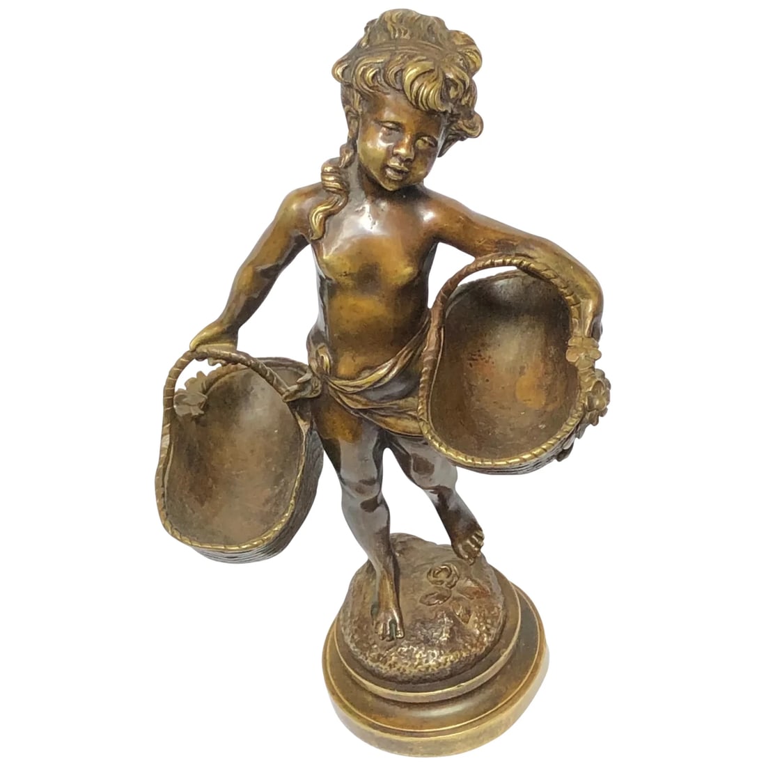 19th Century Girl Carrying Flower Baskets Sculpture Signed Auguste Moreau: Fine 19th Century Girl Carrying Flower Baskets Sculpture Signed Auguste Moreau Description 1 Fine Decorative Rare French Bronze Small Magnificent Original Antique 19th Century Girl Carrying Flower