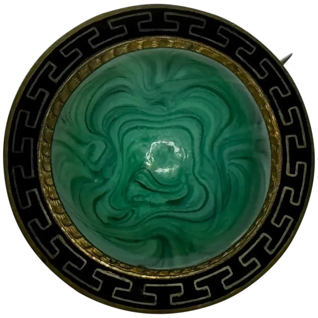 Victorian Neoclassical Revival Malachite Cabochon Greek Key Enamel Brooch c.1865 (1 of 1)