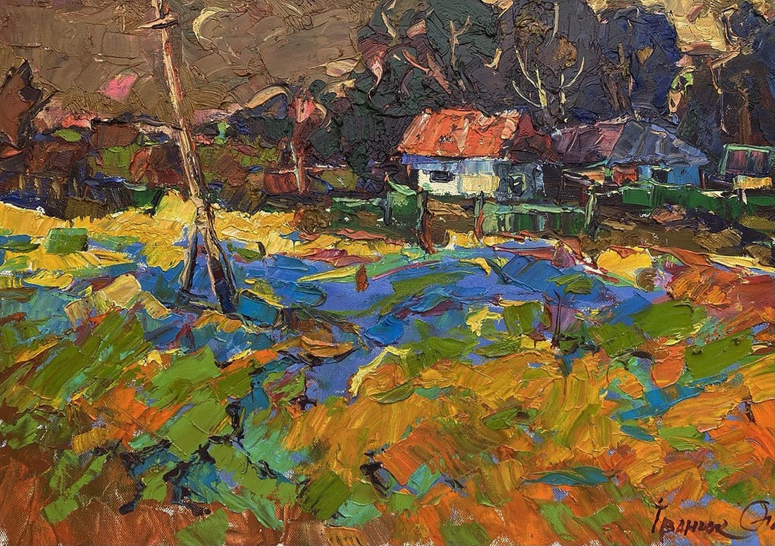 Oil painting Crimson evening in the village Oleksiy Ivanyuk: Title: Oil painting Crimson evening in the village Oleksiy Ivanyuk Description: Title: Oil painting Crimson evening in the village Oleksiy Ivanyuk Description: No.Kalen 1582The oil painting on Canvas