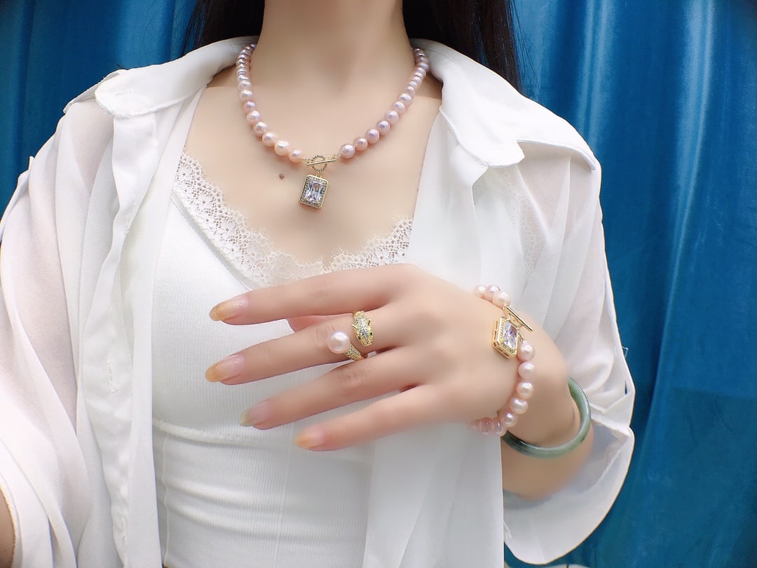 Purple Pink Pearl Necklace Set - 3