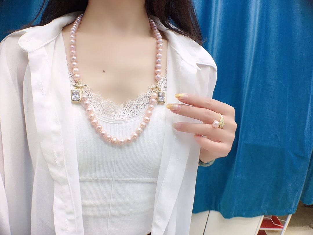 Purple Pink Pearl Necklace Set - 8