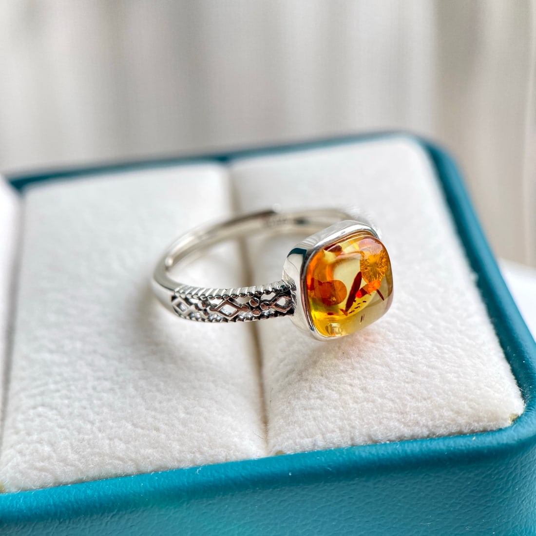 S925 Silver Natural Amber Ring - 2