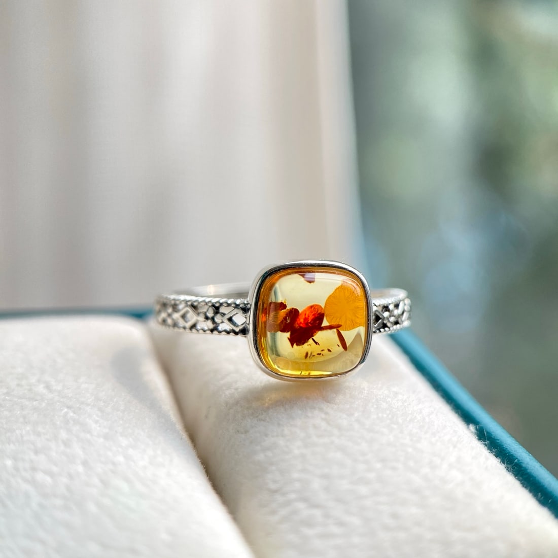 S925 Silver Natural Amber Ring - 3