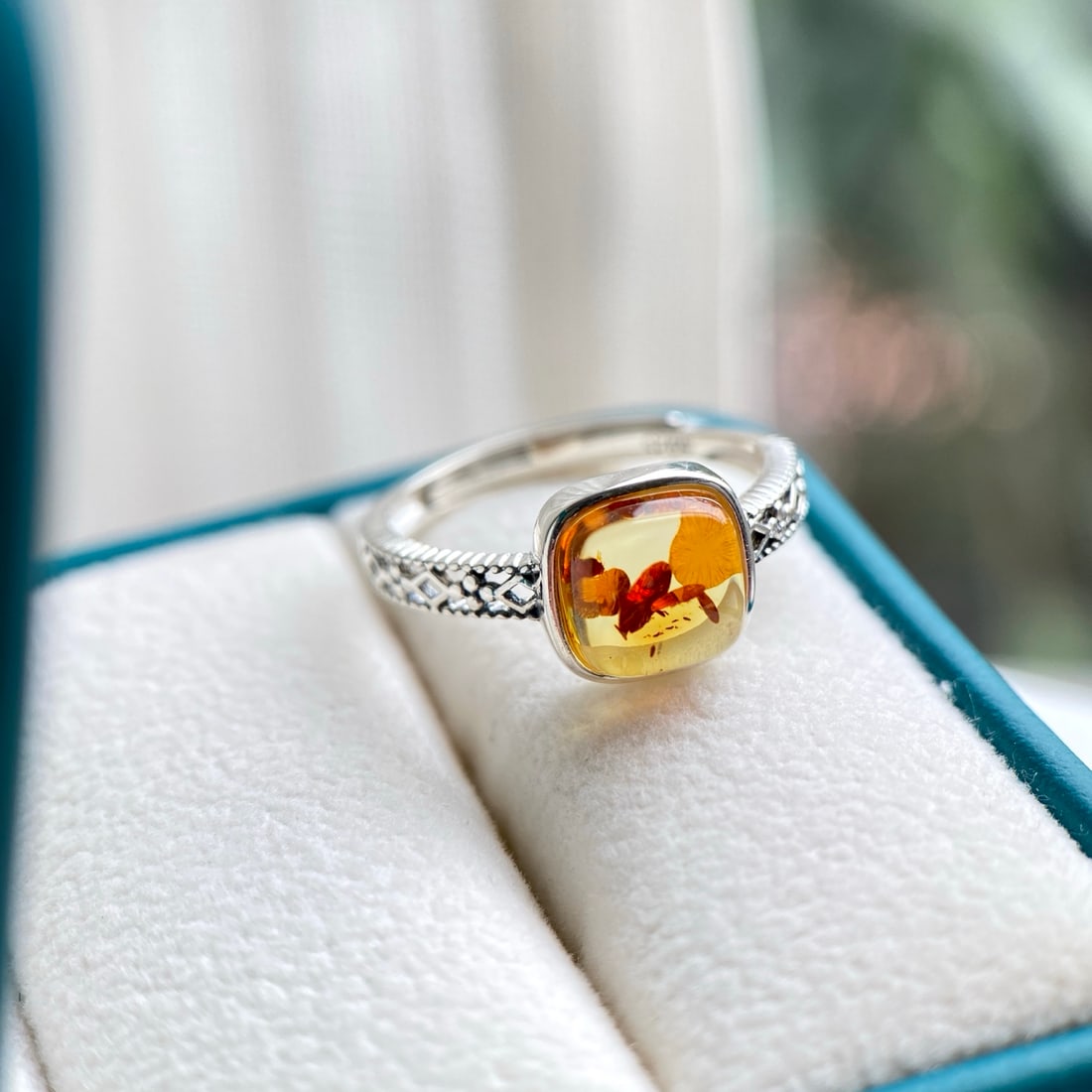 S925 Silver Natural Amber Ring - 4