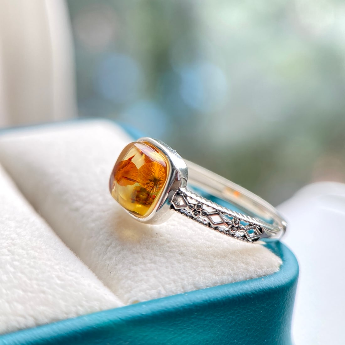 S925 Silver Natural Amber Ring - 5