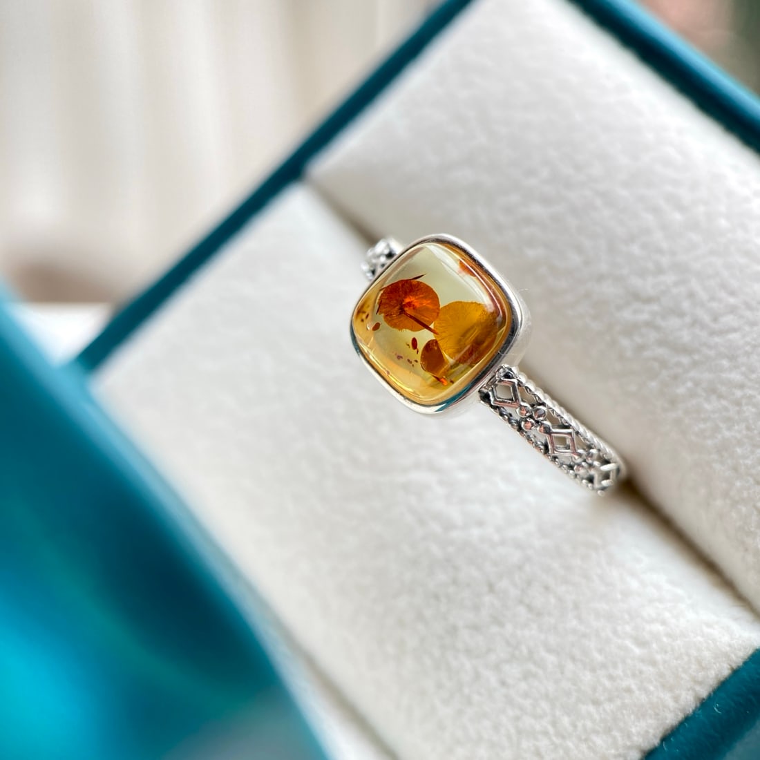 S925 Silver Natural Amber Ring - 6