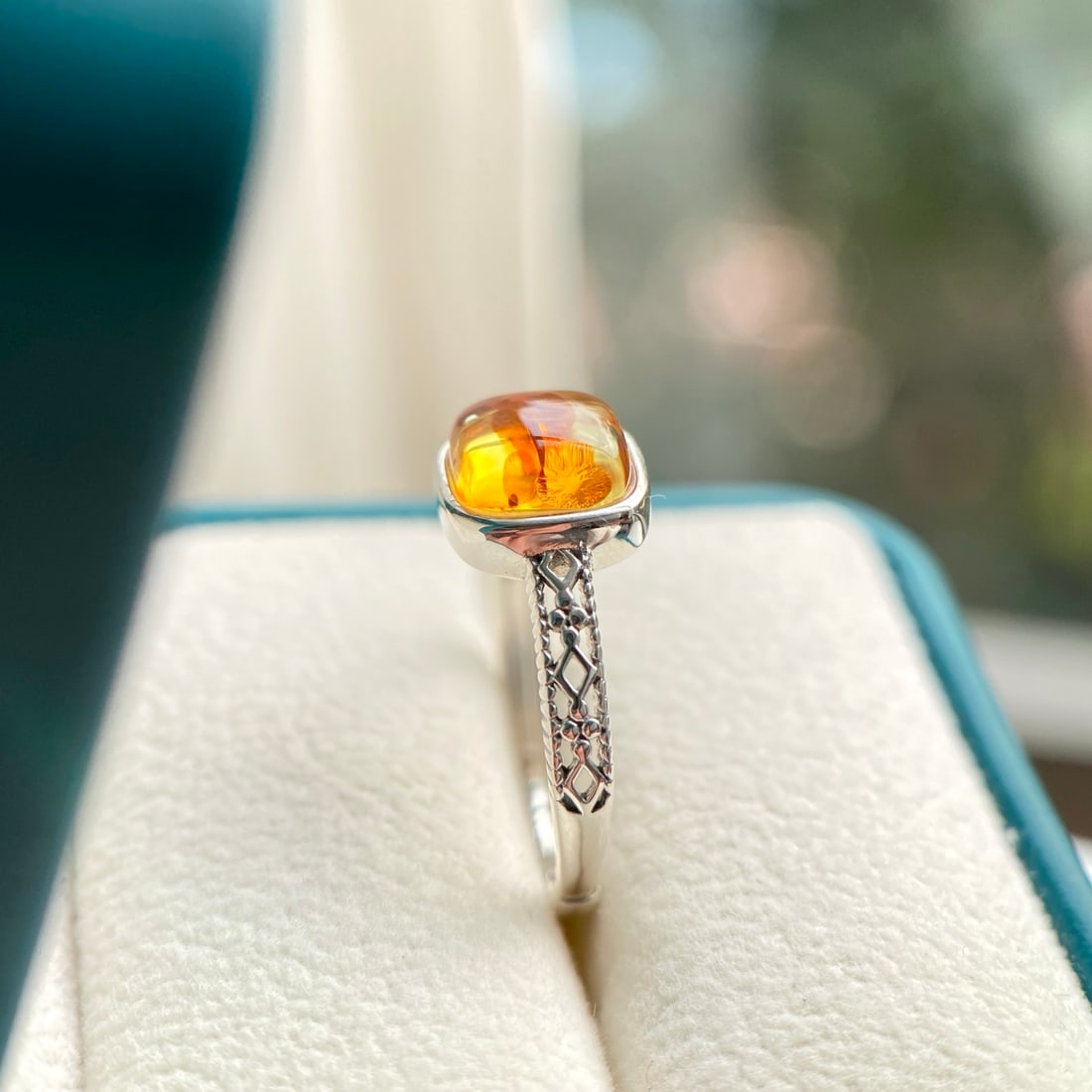 S925 Silver Natural Amber Ring - 7