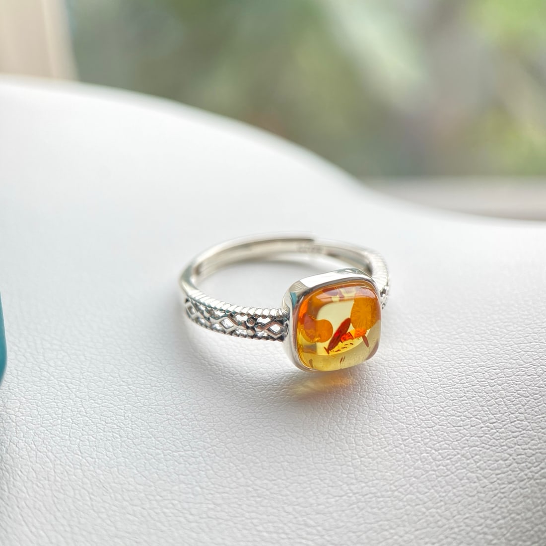 S925 Silver Natural Amber Ring - 8
