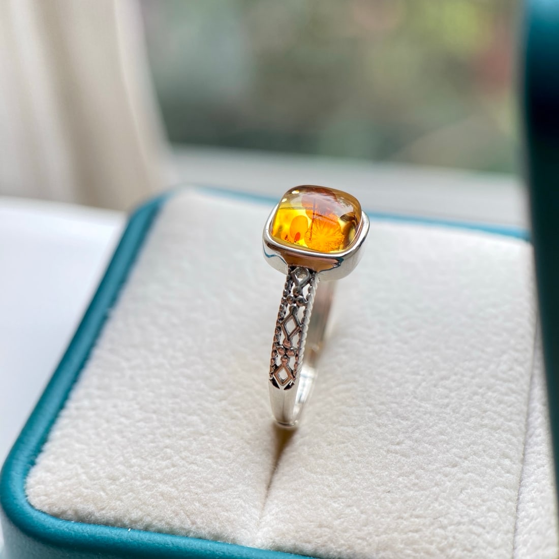 S925 Silver Natural Amber Ring - 9