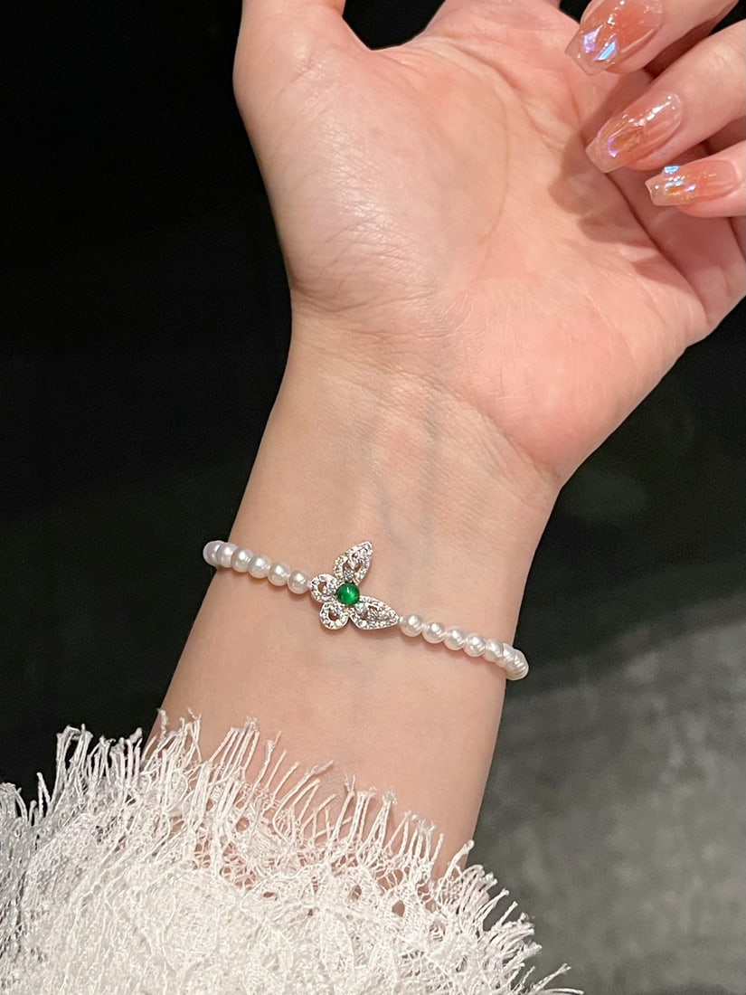 Pure Silver Natural Jade Butterfly Bracelet - 3