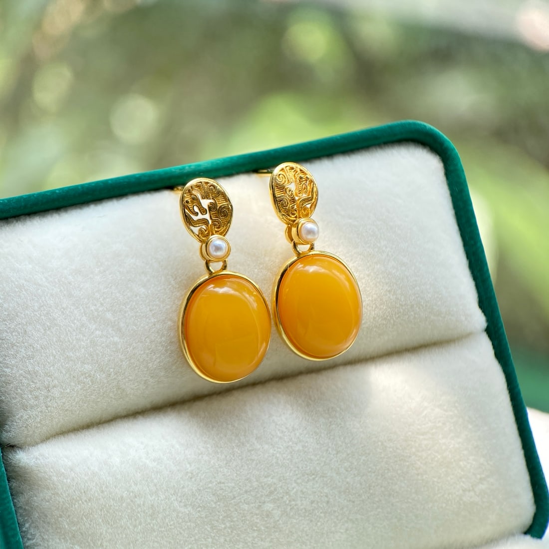S925 Silver Natural Old Amber Earrings - 3