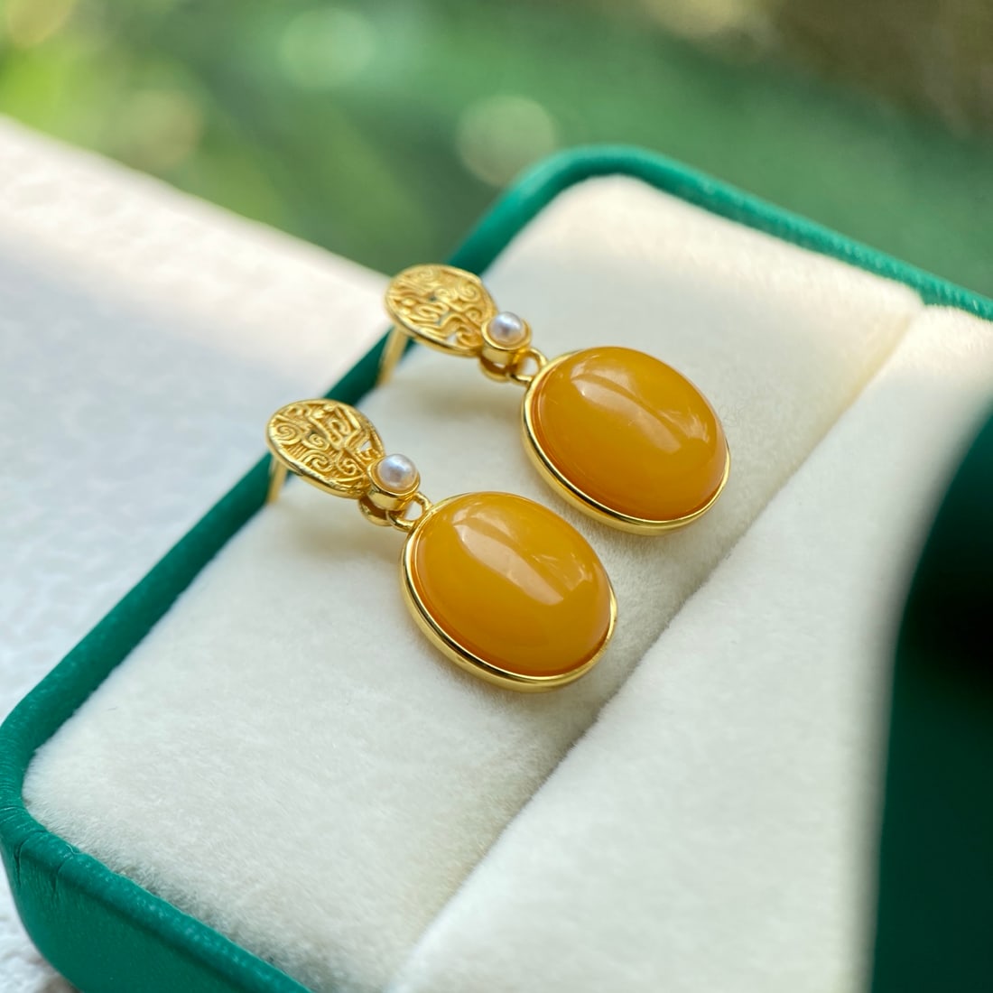 S925 Silver Natural Old Amber Earrings - 4