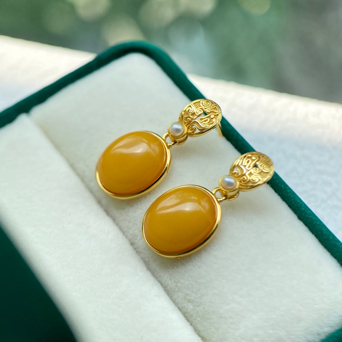 S925 Silver Natural Old Amber Earrings - 5
