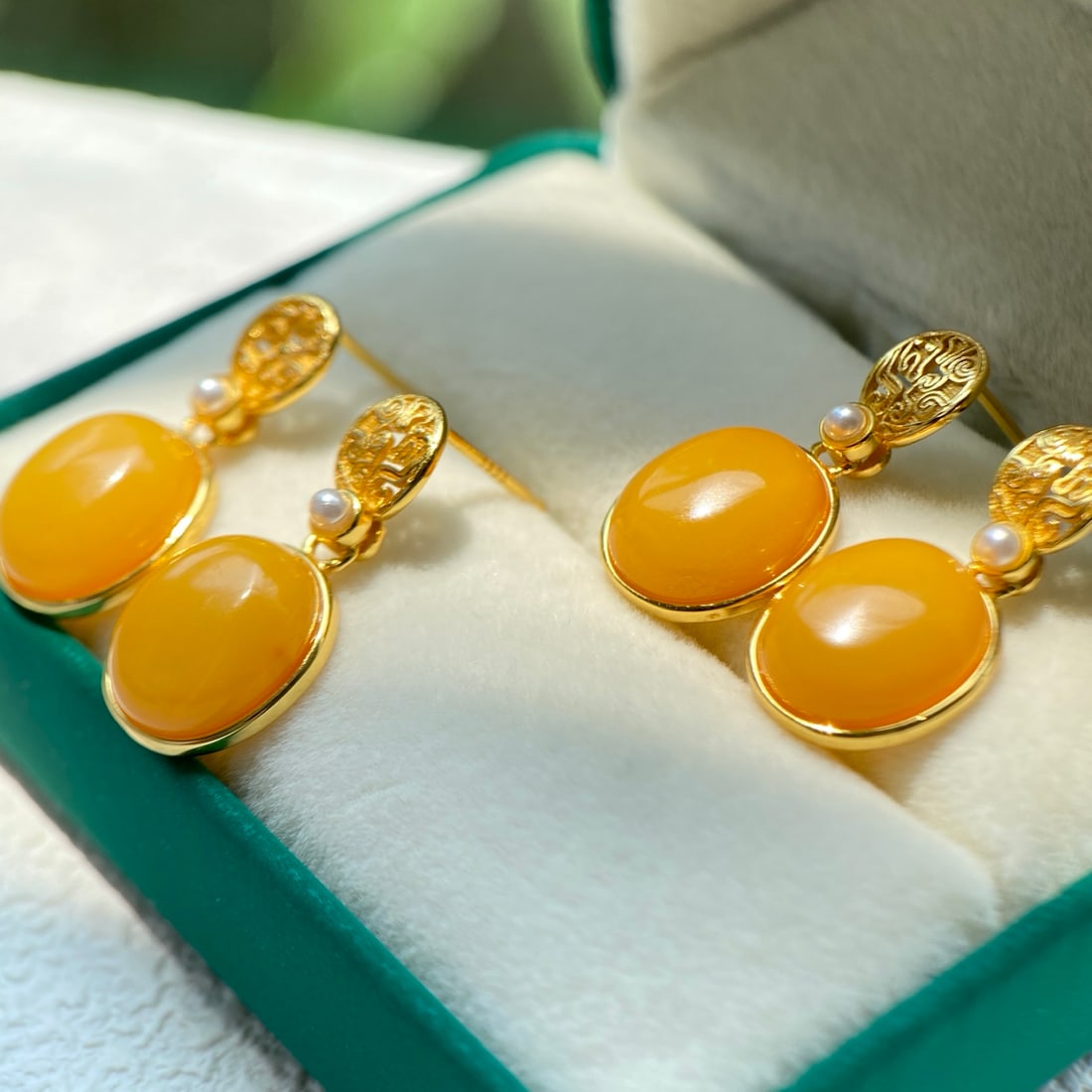 S925 Silver Natural Old Amber Earrings - 6