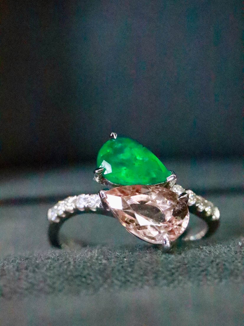 18K Gold Emerald Morganite Ring - 3