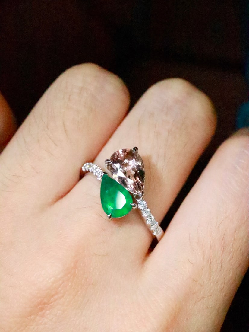 18K Gold Emerald Morganite Ring - 5