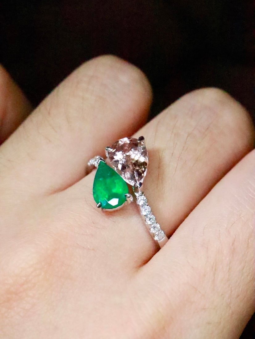 18K Gold Emerald Morganite Ring - 6