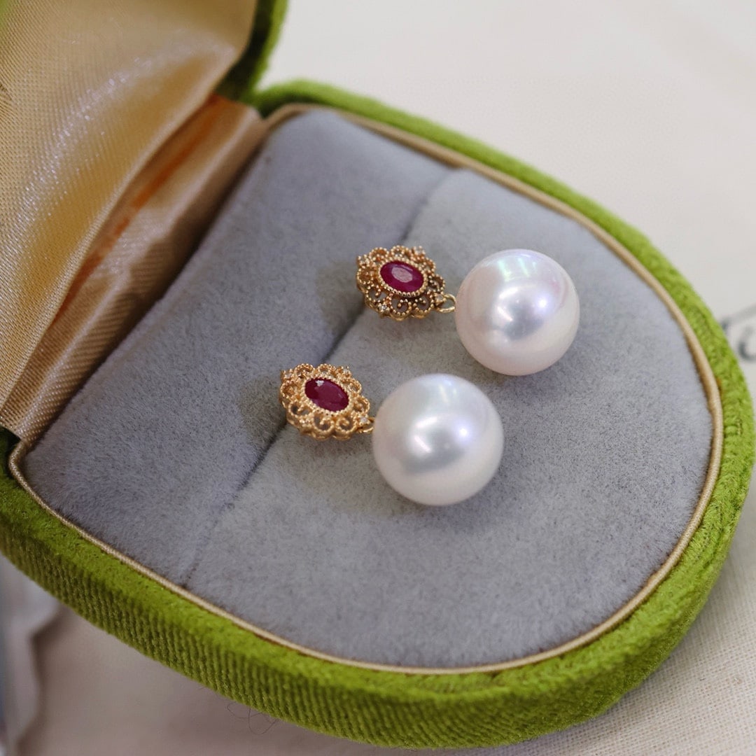 18K Gold Natural Ruby Earrings - 2