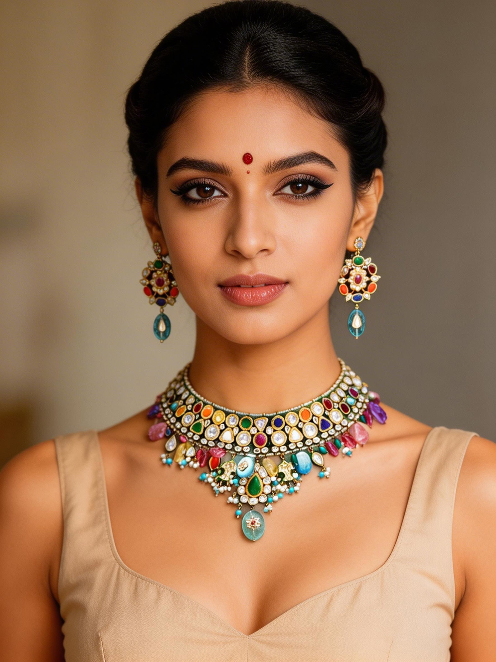 Navratna Lacquer Kundan Choker Necklace Set with Multicolor Stone Drops: Title:Navratna Lacquer Kundan Choker Necklace Set with Multicolor Stone Drops Reference:itemcode : JA0706 Reserve: $853.00 Shipping: Domestic: Shipping rates are determined by destination Internationa