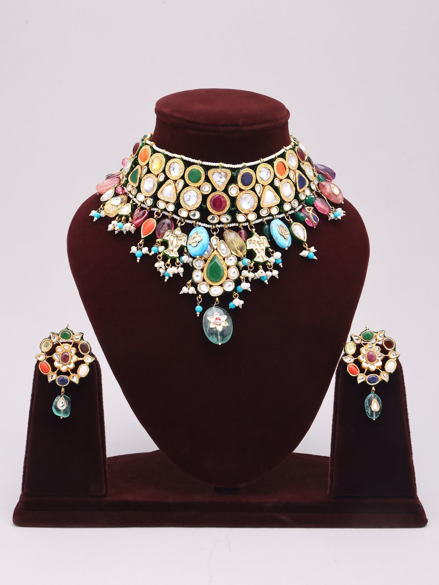 Navratna Lacquer Kundan Choker Necklace Set with Multicolor Stone Drops - 2