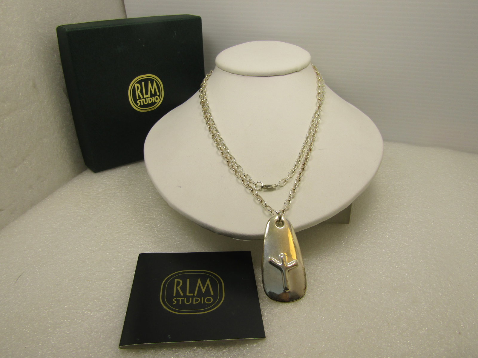 Vintage Sterling RLM Viking Elk Symbol Necklace, 36", Original Box/Pouch, 1990's.: Title:Vintage Sterling RLM Viking Elk Symbol Necklace, 36", Original Box/Pouch, 1990's. Description:Sterling necklace that is 26" long with a pendant with antler like repousse figure and on the back, 