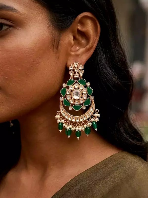 Floral Design Kundan Studded Chandbali Earrings: Title:Floral Design Kundan Studded Chandbali Earrings Reference:itemcode : JA0745-Magenta Reserve: $70.00 Shipping: Domestic: Shipping rates are determined by destination International: Foreign