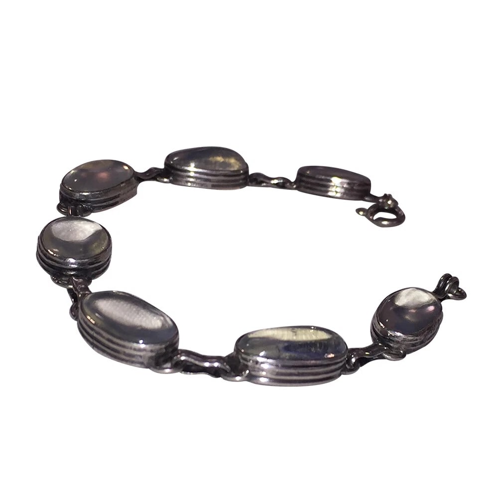 Art Deco Sterling Oval Hand Cut Grey Moonstone Bracelet - 3