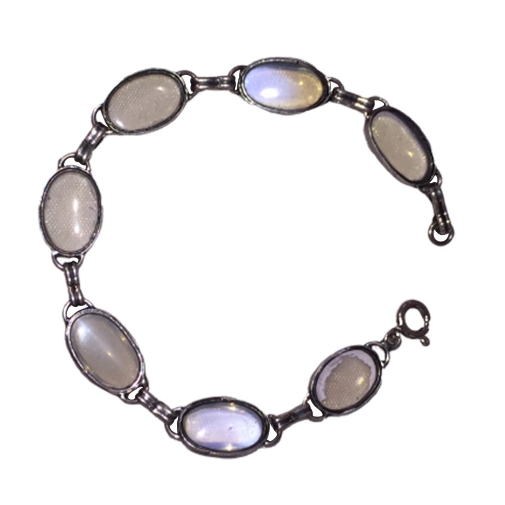 Art Deco Sterling Oval Hand Cut Grey Moonstone Bracelet - 5
