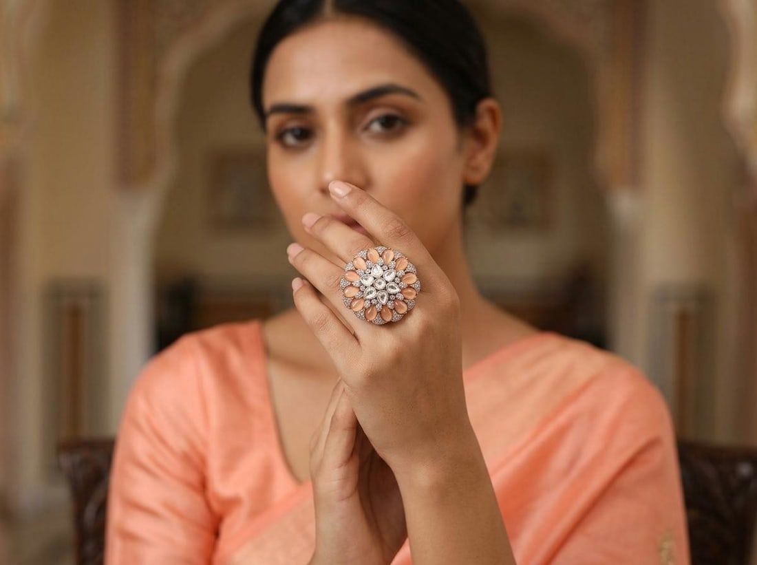 Beaded Floral Kundan Stone Studded Adjustable Ring - 2