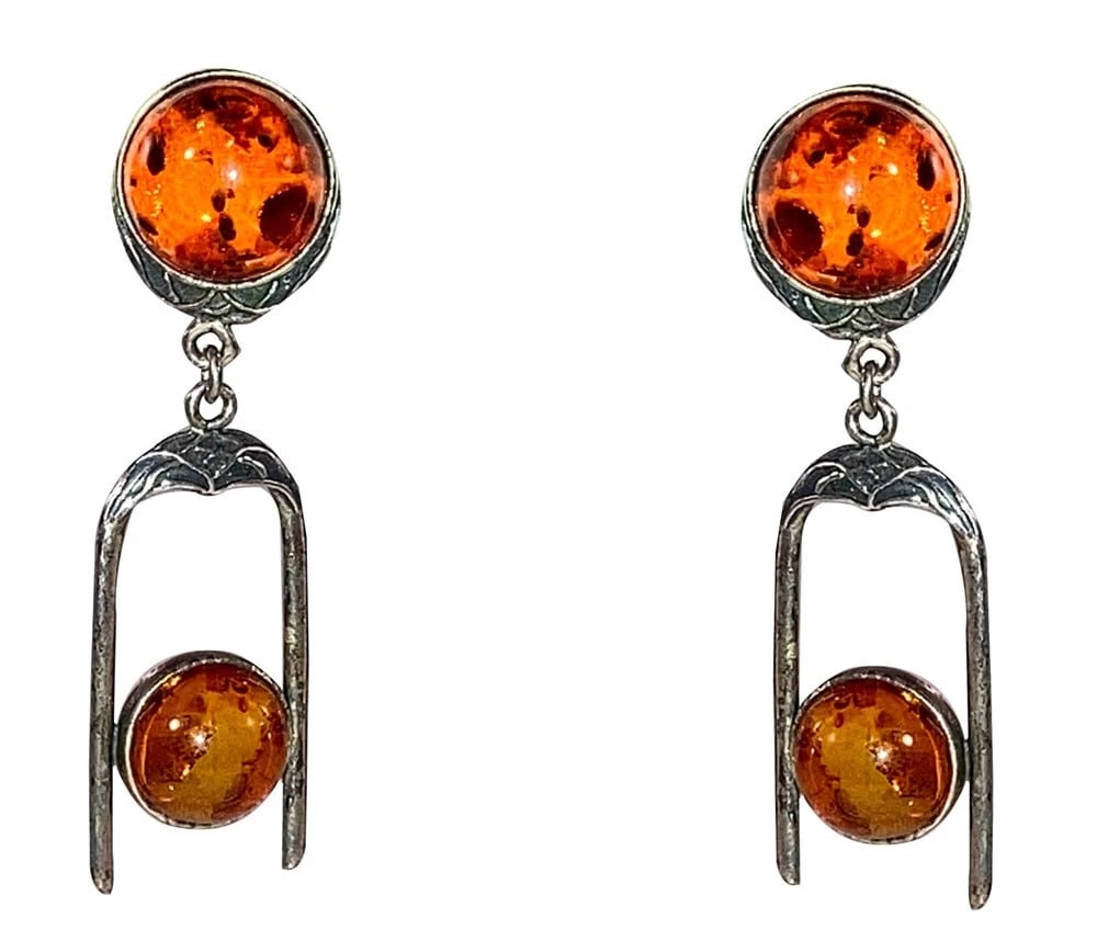 Sterling Silver Baltic Amber Cabohon Dangle Earrings - 2