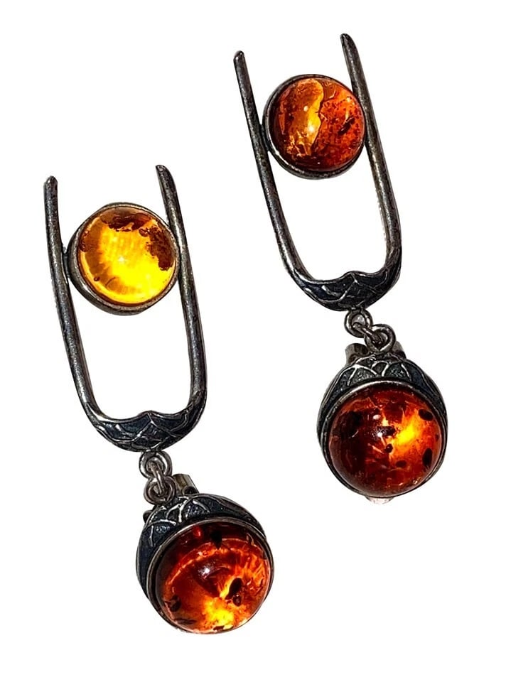Sterling Silver Baltic Amber Cabohon Dangle Earrings - 3