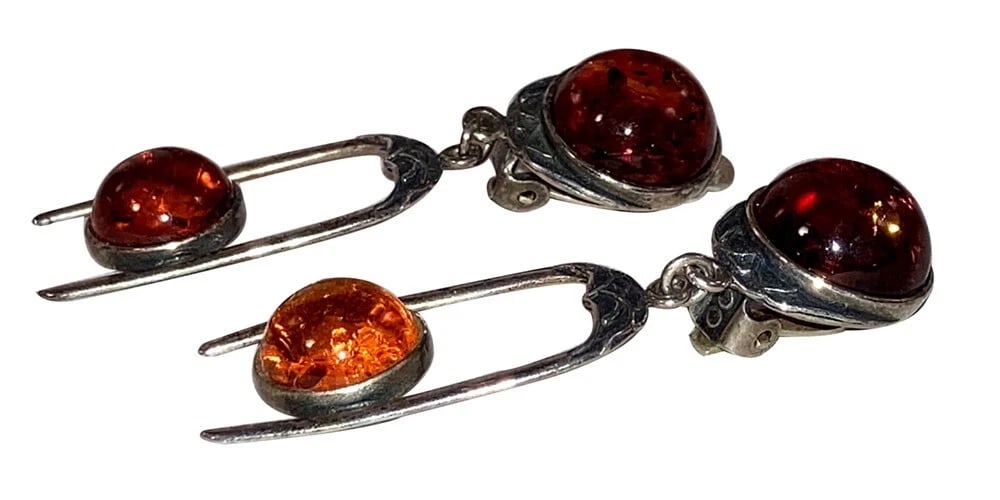 Sterling Silver Baltic Amber Cabohon Dangle Earrings - 4
