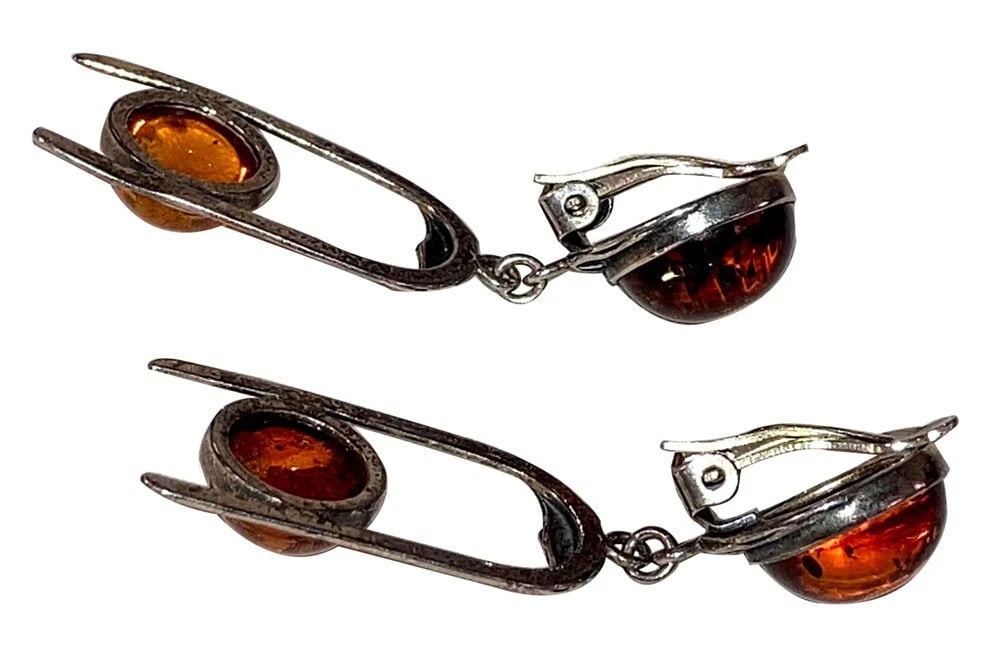 Sterling Silver Baltic Amber Cabohon Dangle Earrings - 5