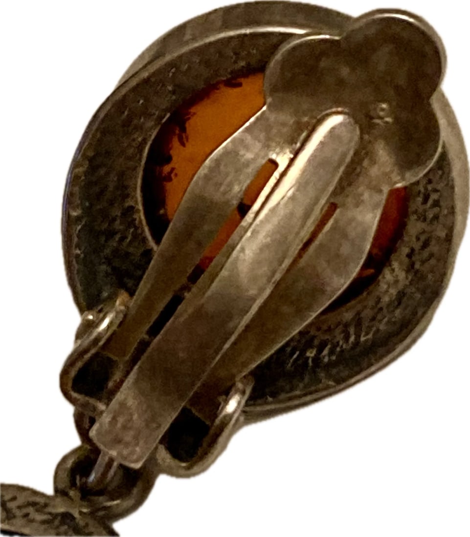 Sterling Silver Baltic Amber Cabohon Dangle Earrings - 7