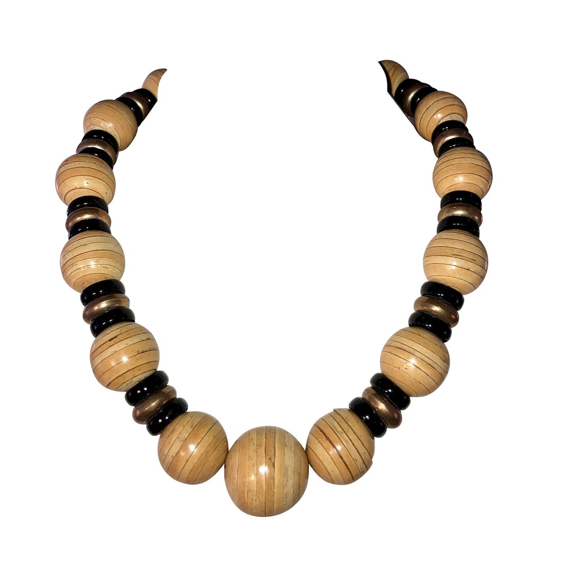 Vintage Pressed Wood Glass and Brass Bead Necklace - 2