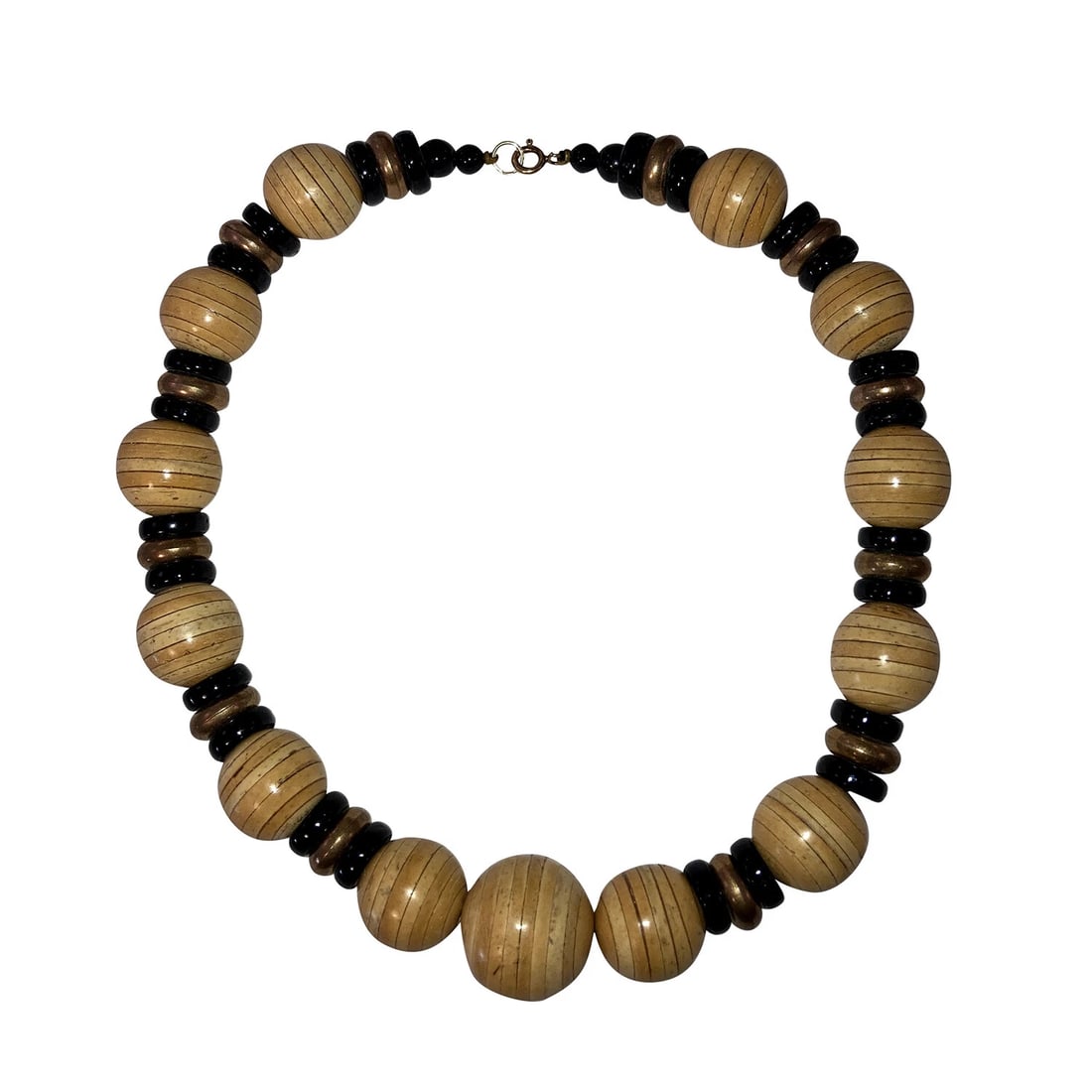 Vintage Pressed Wood Glass and Brass Bead Necklace - 3