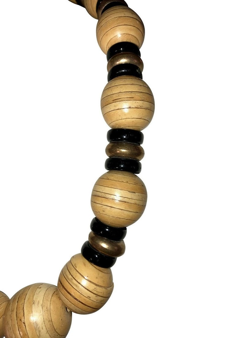 Vintage Pressed Wood Glass and Brass Bead Necklace - 4