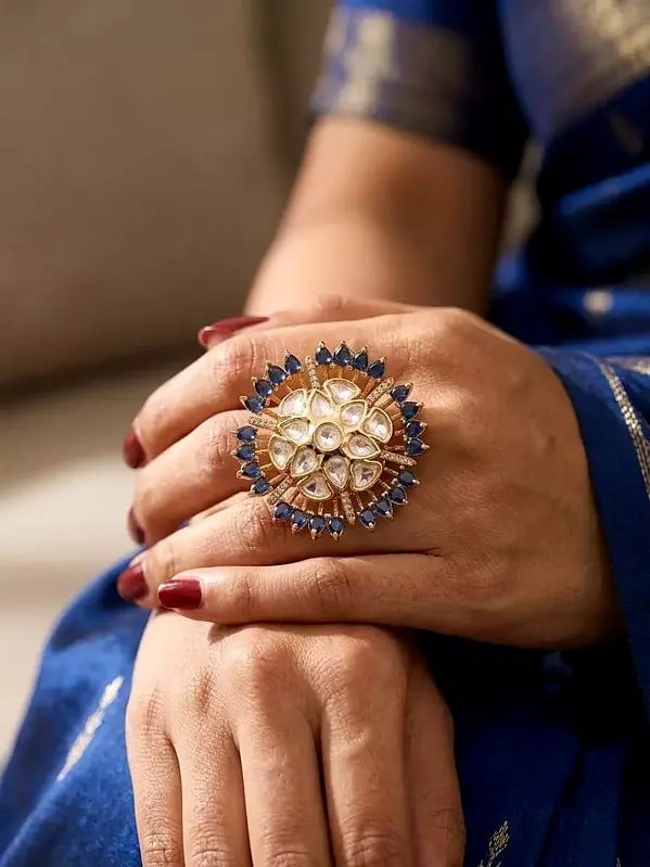 Stone Studded Kundan Sunburst Floral Statement Adjustable Ring: Title:Stone Studded Kundan Sunburst Floral Statement Adjustable Ring Reference:itemcode : JA0713-White Reserve: $38.00 Shipping: Domestic: Shipping rates are determined by destination International: F