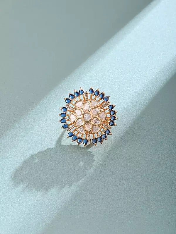 Stone Studded Kundan Sunburst Floral Statement Adjustable Ring - 2
