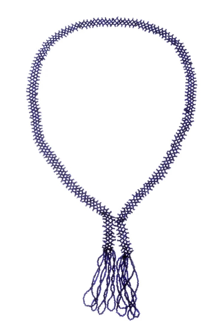 Victorian Jet Seed Bead Flapper Tassel Necklace: Title:Victorian Jet Seed Bead Flapper Tassel Necklace Description:Gorgeous, dark purple Victorian flapper necklace. Circa, 1890’s. Necklace measures 13” long with 4” long tassels for a t