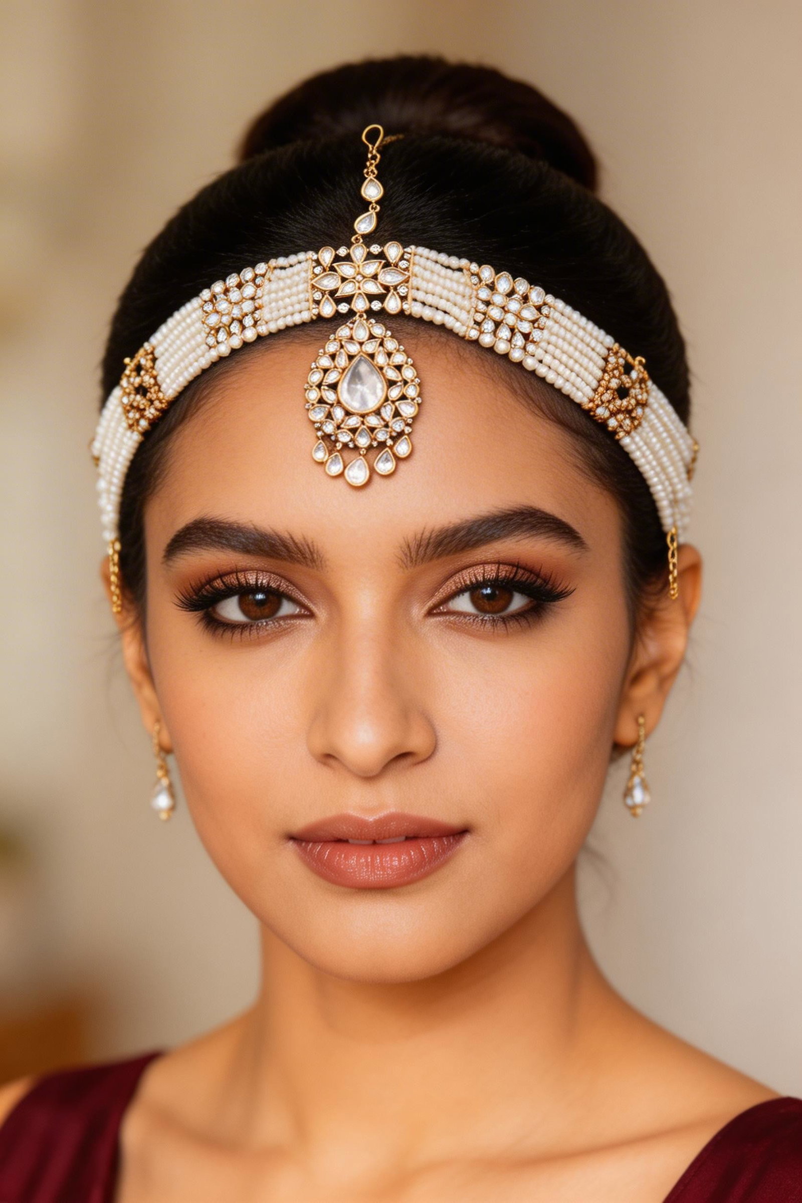 Multi-Strand Pearl Kundan Stone Studded Bridal Matha Patti with Teardrop Maang Tikka: Title:Multi-Strand Pearl Kundan Stone Studded Bridal Matha Patti with Teardrop Maang Tikka Reference:itemcode : JA0738 Reserve: $135.00 Shipping: Domestic: Shipping rates are determined by
