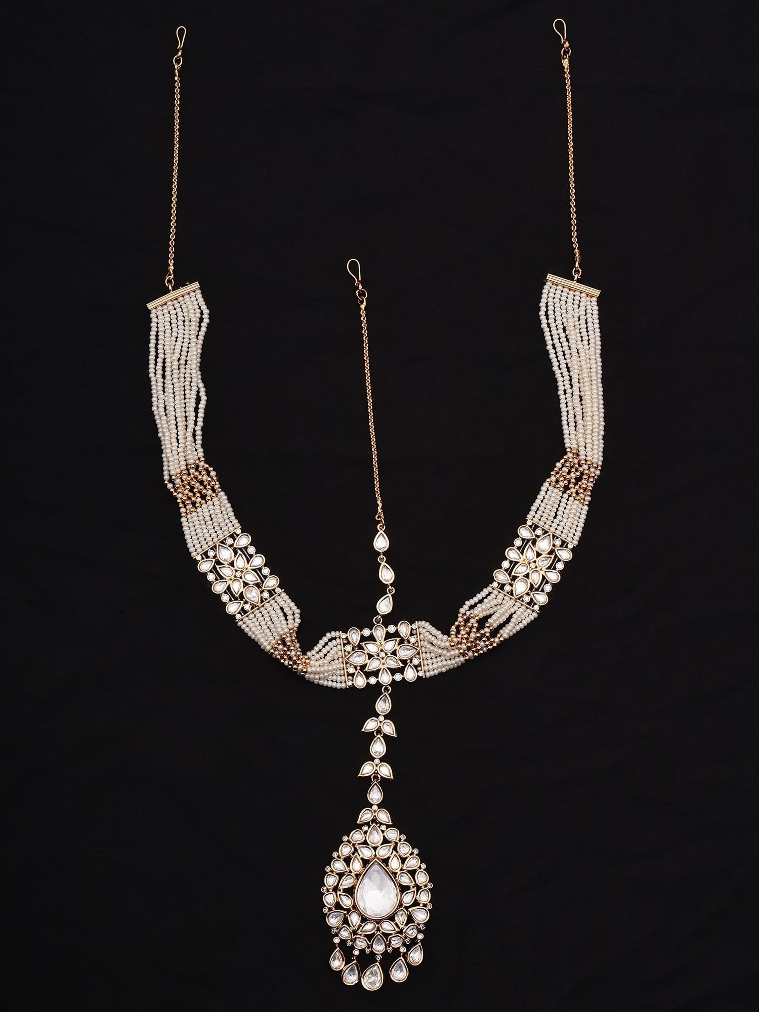 Multi-Strand Pearl Kundan Stone Studded Bridal Matha Patti with Teardrop Maang Tikka - 2
