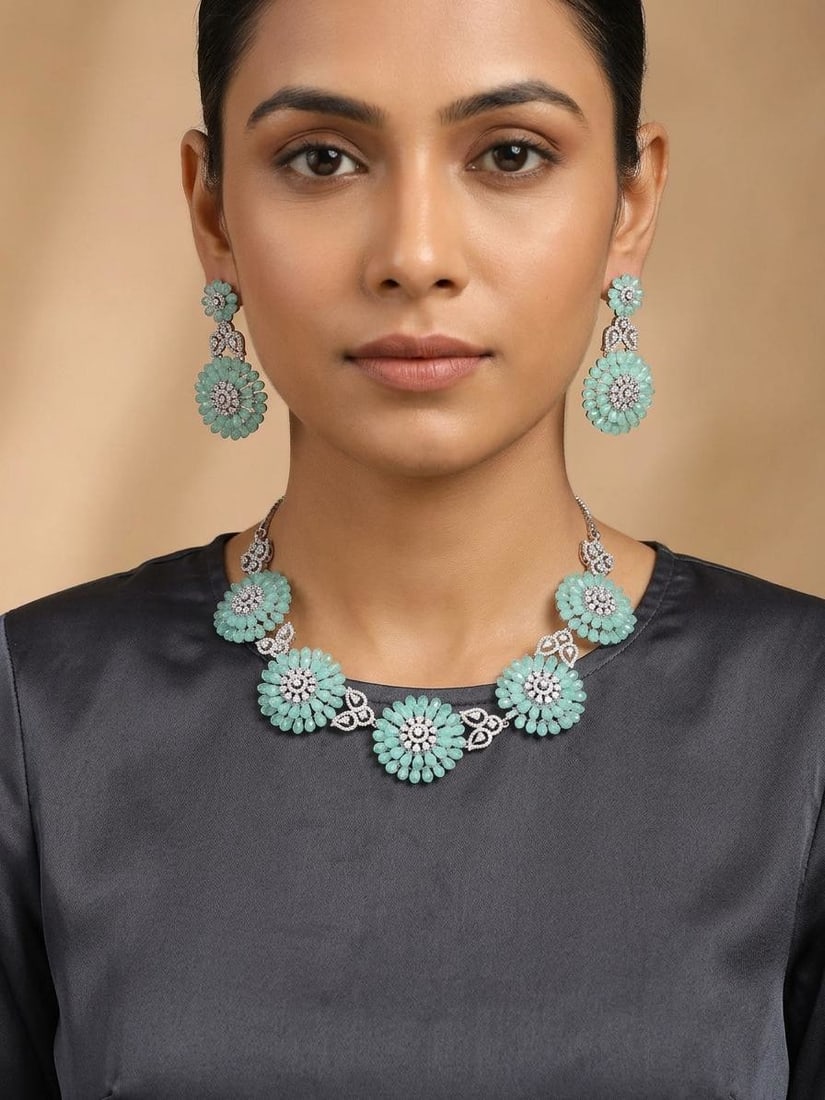 Floral Design Stone Studded American Diamond Necklace Set with Earrings: Title:Floral Design Stone Studded American Diamond Necklace Set with Earrings Reference:itemcode : JA0690 Reserve: $151.00 Shipping: Domestic: Shipping rates are determined by destination Internationa
