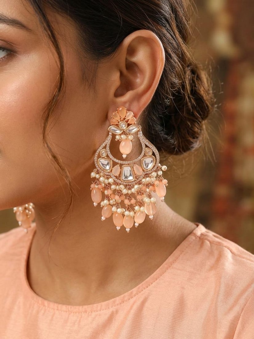 Peach Stone Studded Kundan Chandbali Earrings with Pearl Drops: Title:Peach Stone Studded Kundan Chandbali Earrings with Pearl Drops Reference:itemcode : JA0740 Reserve: $70.00 Shipping: Domestic: Shipping rates are determined by destination International: Foreign