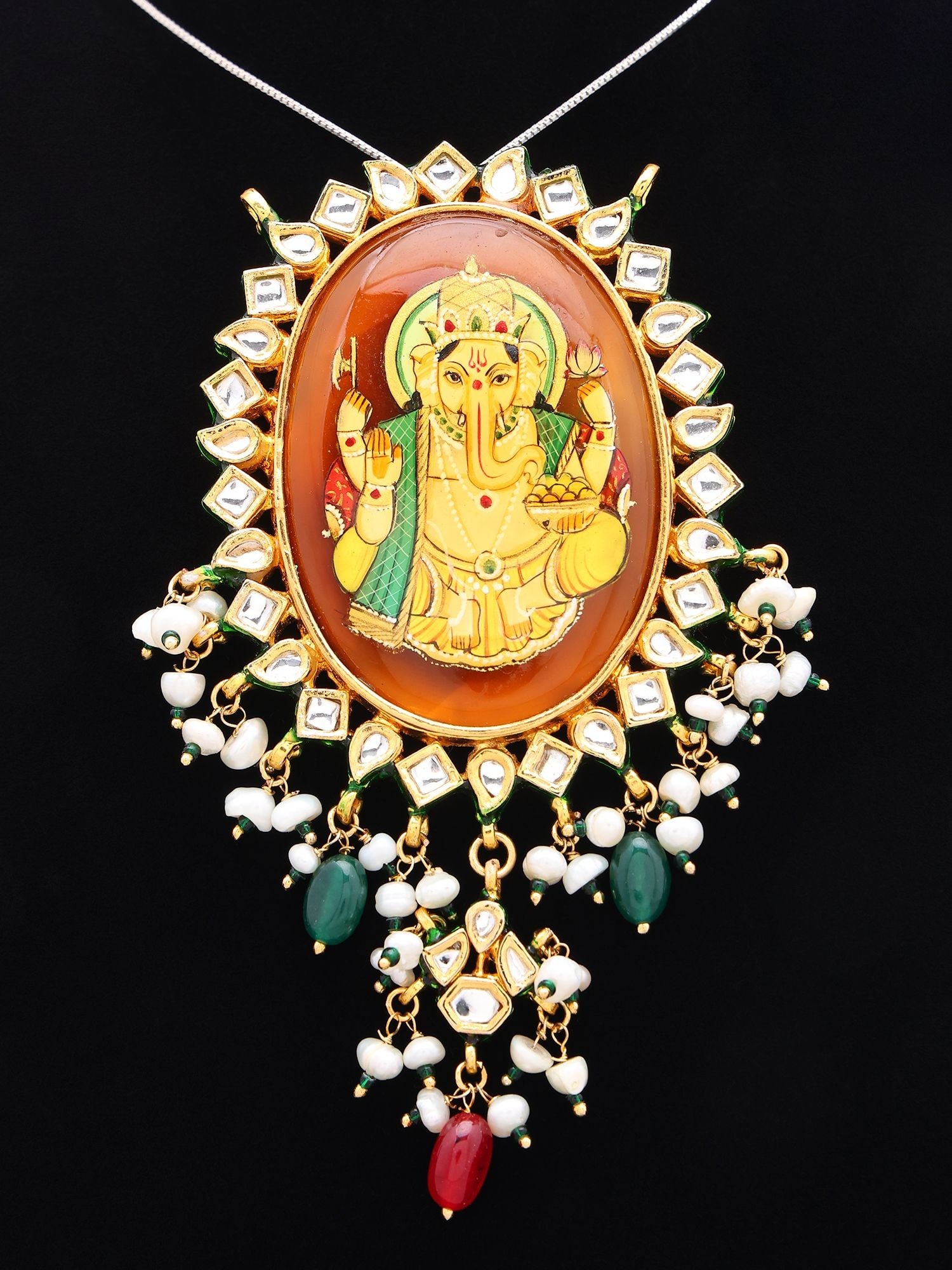 Polki Studded Chaturbhuj Ganpati Pendant with Pearl Bead Drops: Title:Polki Studded Chaturbhuj Ganpati Pendant with Pearl Bead Drops Reference:itemcode : JA0696 Reserve: $124.00 Shipping: Domestic: Shipping rates are determined by destination International: