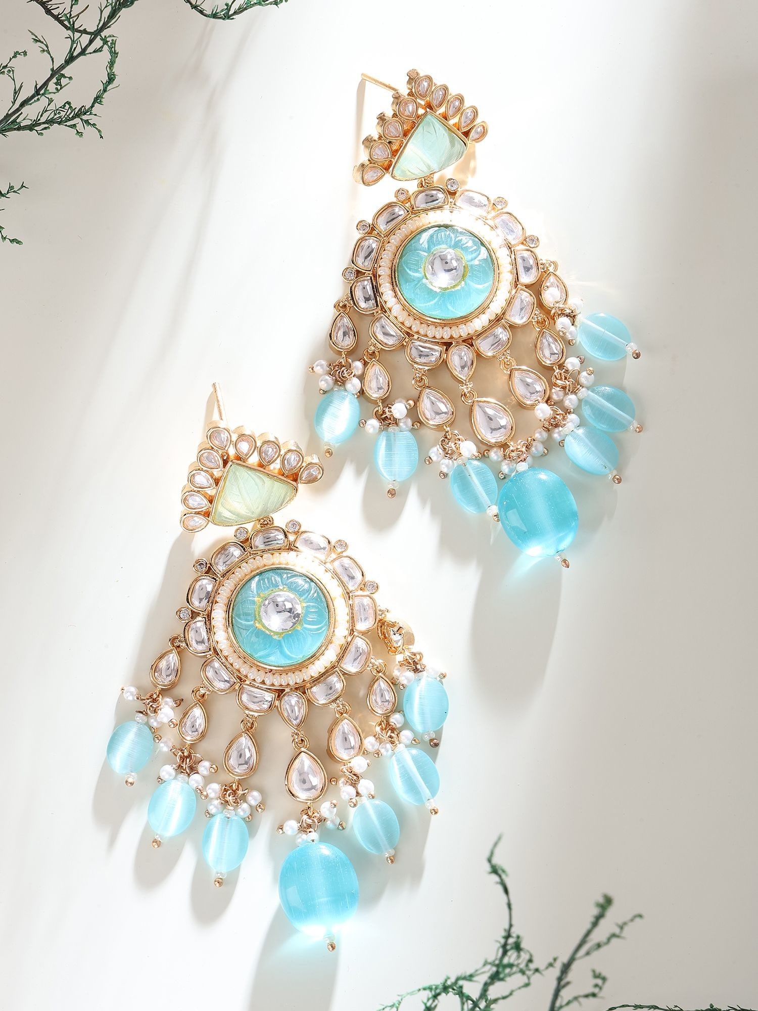 Designer Blue Kundan Statement Earrings with Layered Bead Drops: Title:Designer Blue Kundan Statement Earrings with Layered Bead Drops Reference:itemcode : JA0747 Reserve: $70.00 Shipping: Domestic: Shipping rates are determined by destination International: