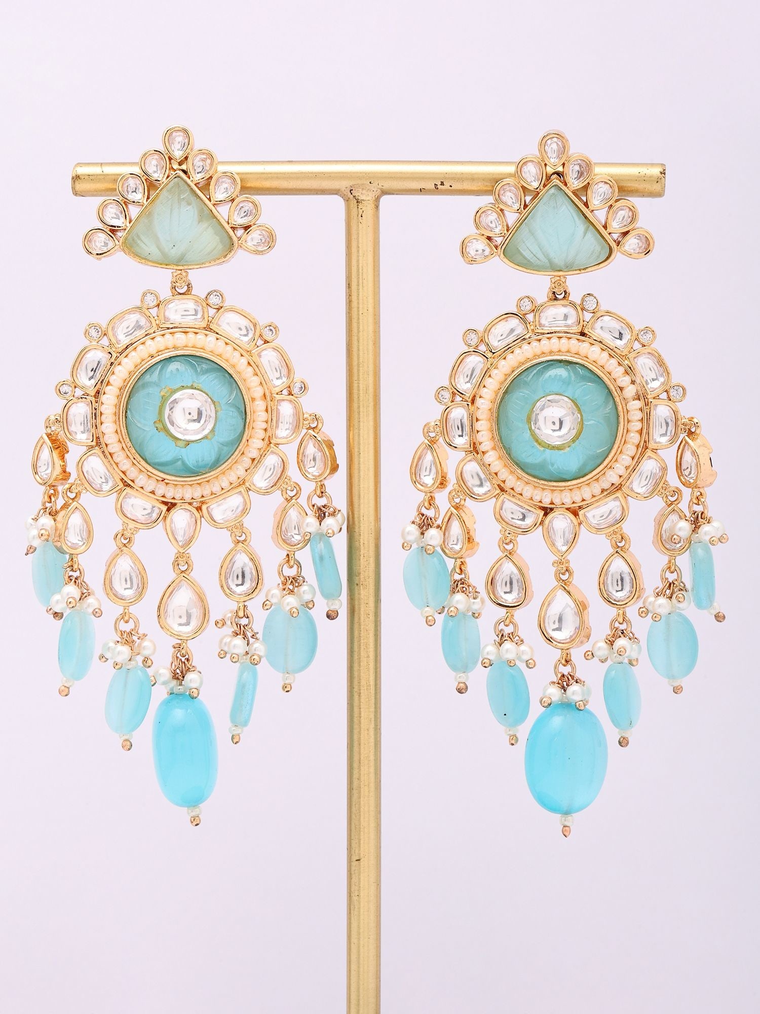 Designer Blue Kundan Statement Earrings with Layered Bead Drops - 2