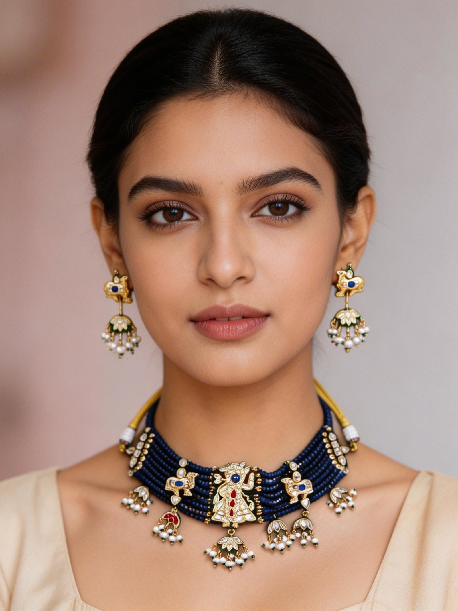 Multi Strand Lord Krishna Lacquer Necklace and Earring Set with Kundan Work: Title:Multi Strand Lord Krishna Lacquer Necklace and Earring Set with Kundan Work Reference:itemcode : JA0705 Reserve: $265.00 Shipping: Domestic: Shipping rates are determined by destination