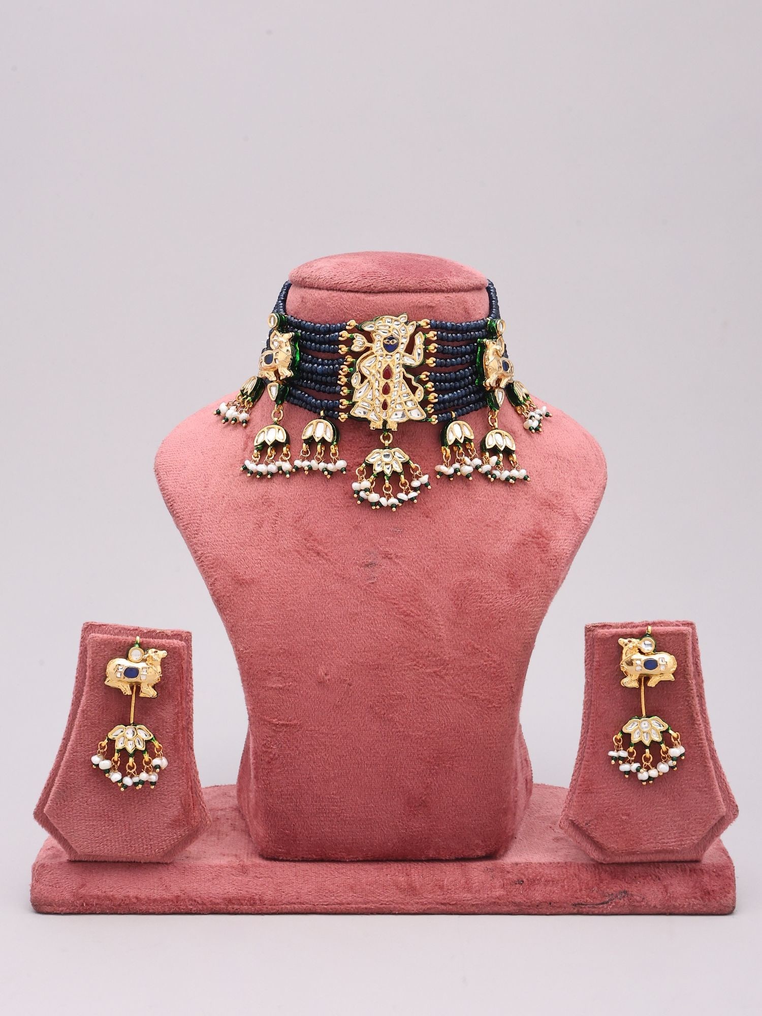 Multi Strand Lord Krishna Lacquer Necklace and Earring Set with Kundan Work - 2